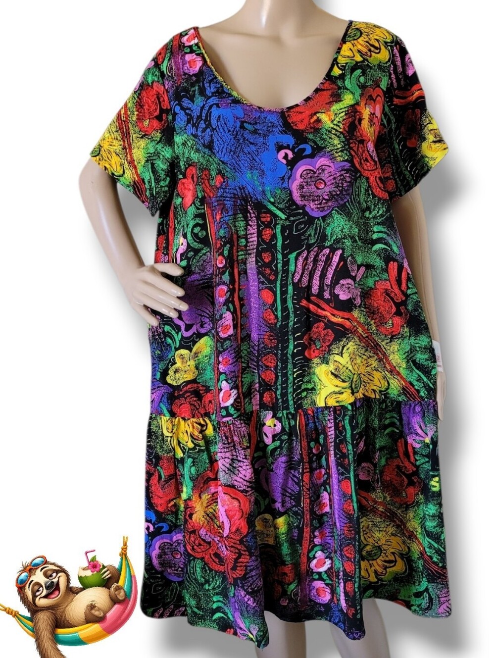 Jams World Hattie Tiered Mini Dress Hawaiian Tropical XL Short Sleeve